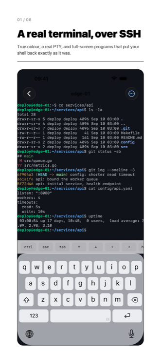 An iPhone showing a terminal session over SSH: a shell prompt, coloured ls output, and a running program redrawing the screen.