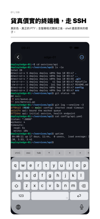 一台 iPhone 上的 SSH 終端機工作階段：shell 提示符、帶顏色的 ls 輸出，以及一個正在重繪畫面的程式。